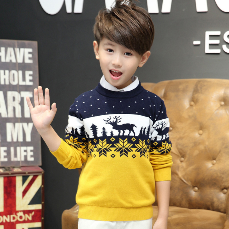 Christmas Sweaters For Boys Autumn Elk Print Kids Boy Clothes Long Sleeve Double Thicken Cotton Knit Children Sweaters 3-9Y 210308