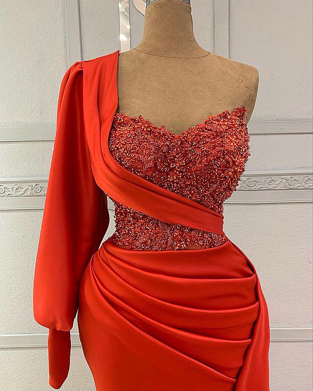 plus size arabic aso ebi red luxurious mermaid prom dresses lace beaded evening formal party second reception birthday engagement gowns dress zj220