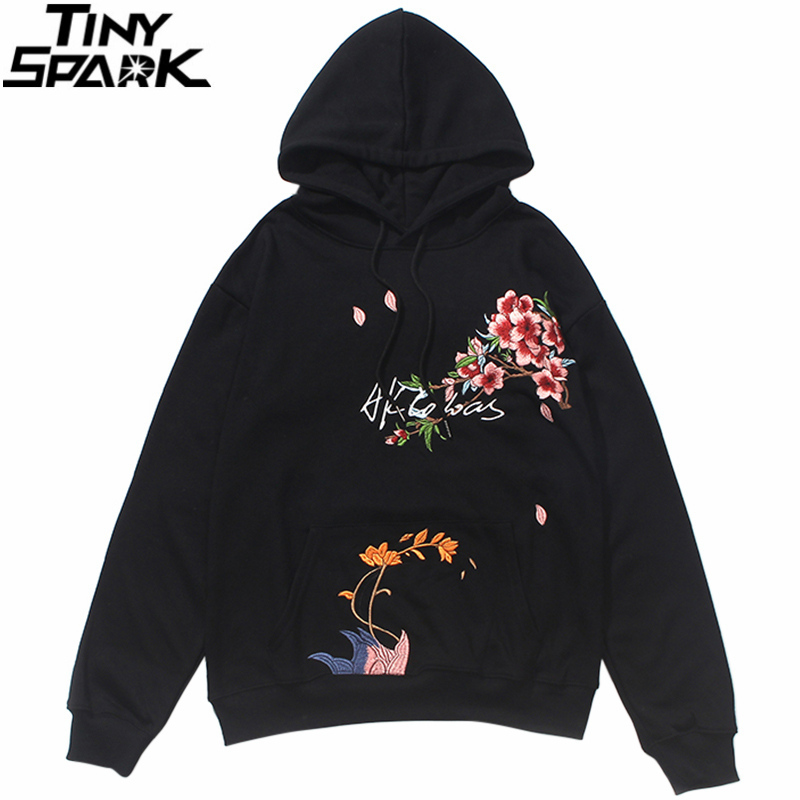 Hip Hop Men Streetwear Hoodie Japan Sakura Embroidery Wonderland Print Sweatshirt Autumn Casual Floral Hoodie Cotton Black 201020