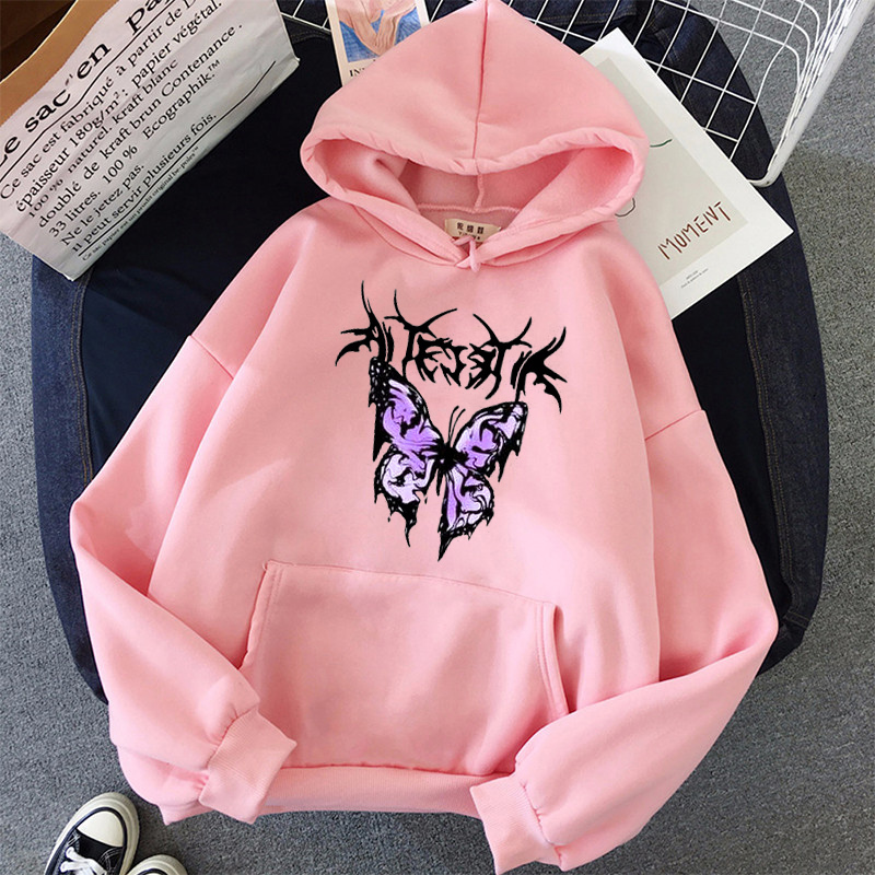 pink clothing black butterfly oversized Women's Hoodies Print Kawaii Sweatshirt Hoodies for Women top Hoody clothes Full Sleeve 201102