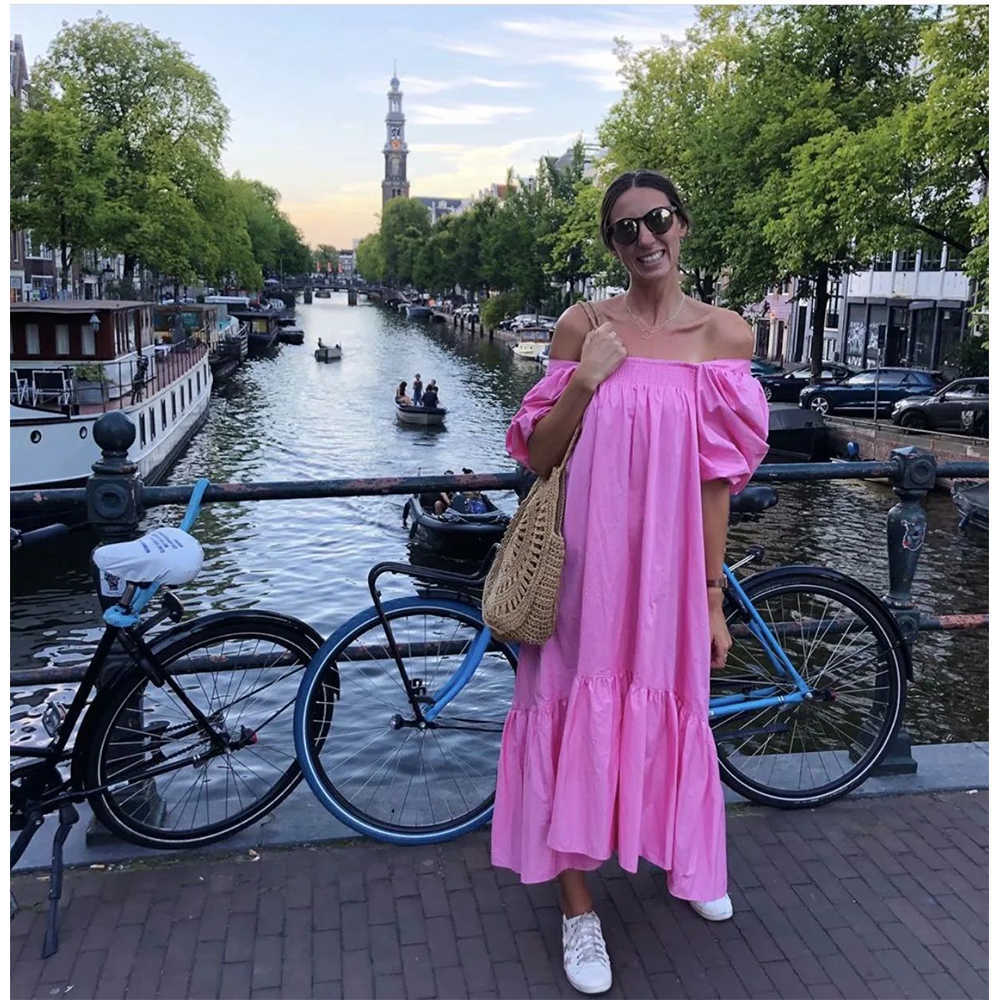 Women Dress 100% Cotton Ballon Sleeves Elastic Maxi Long Puff Dress Ruffled Hem Fashion vestidos femme robe 210709