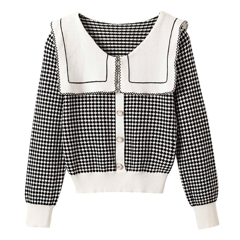 Women's Sweaters Fashion Plaid Knitted Cardigan Autumn 2021 Sailor Collar Loose Single Breasted Long Sleeve Sweater Coat, White
Women's Sweaters Fashion Plaid Knitted Cardigan Autumn 2021 Sailor Collar Loose Single Breasted Long Sleeve Sweater Coat, White