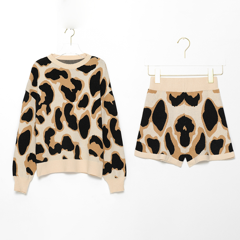 Jastie Retro Leopard Print Women Sweater Set O Neck Pullover Jumper Top Knitted Elastic Waist Shorts 2 Pcs Set Winter Sweater 210218
