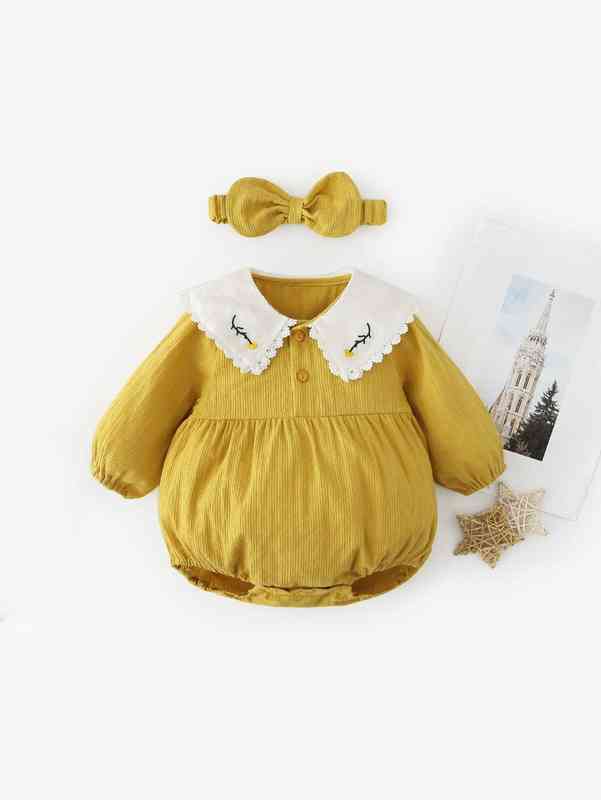 Peninsula Baby Button Front Peter Pan Collar Bodysuit With Headband SHE