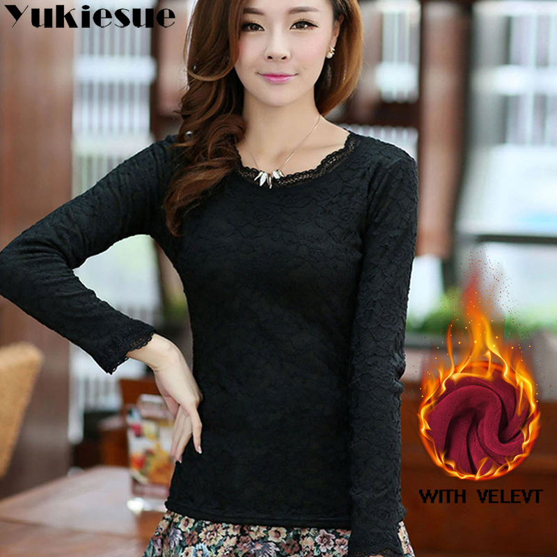 sexy white lace blouse shirt Women tops elegant winter warm fleece blouse Summer tops female blouse long sleeve blusas Plus size 210225