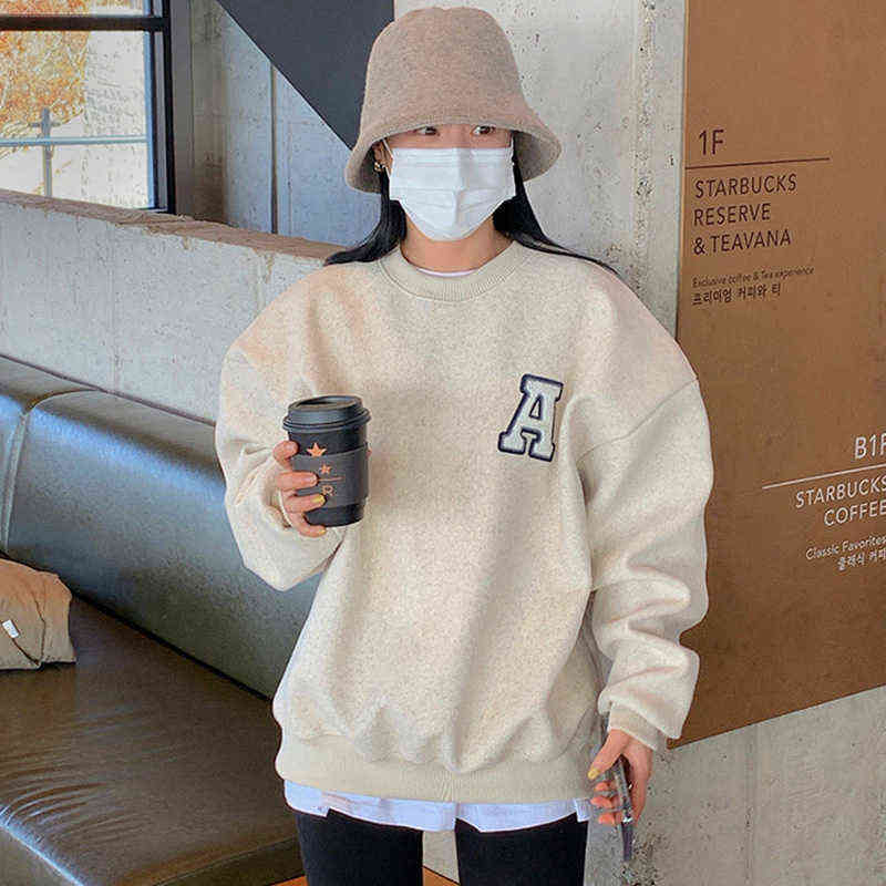 Nomikuma Causal Letter Fleece Thicken Pullover Sweatshirt Korean Autumn Winter Women Hoodies Long Sleeve Top Jumpers 6D611 211109