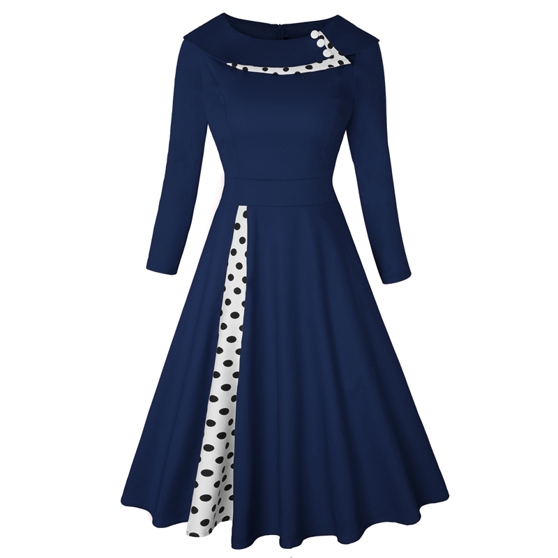 MISSJOY Plus size Women Vintage Retro long sleeves Cocktail Ploka Dot Printed Button Patchwork midi Party dress 210304