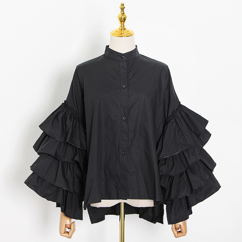 GALCAUR Korean Patchwork Ruffles Women's Shirt Stand Collar Lantern Long Sleeve Large Size Loose Blouse Female Fashion New 210225
