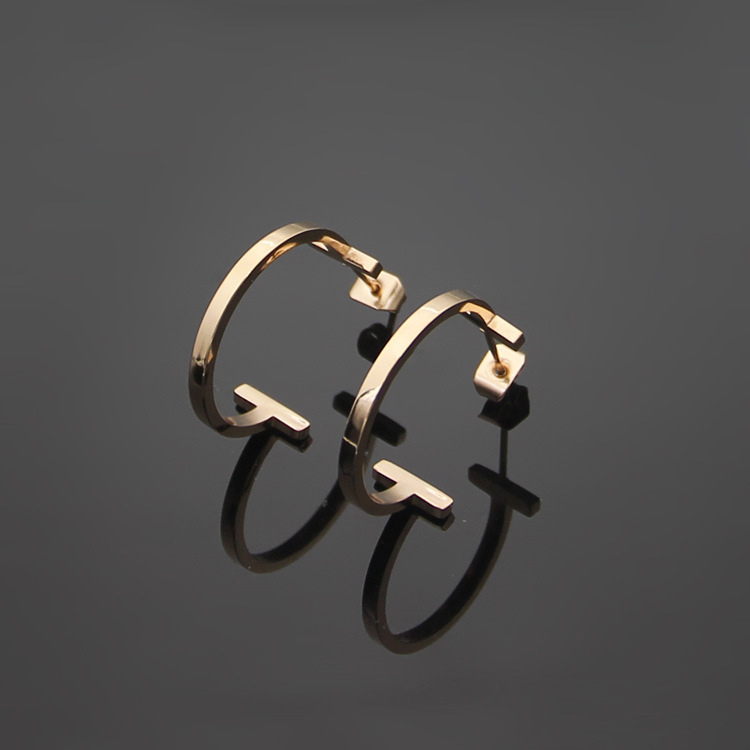 fashion Stainless Steel Double rose gold silver T Earrings Women's C Shape Earrings