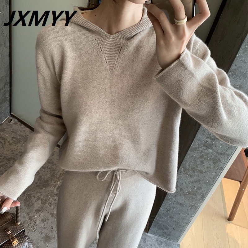 JXMYY spring autumn knit sweater hooded women tracksuit long sleeve cashmere pullovers elastic pants suit sporting set P611 210304