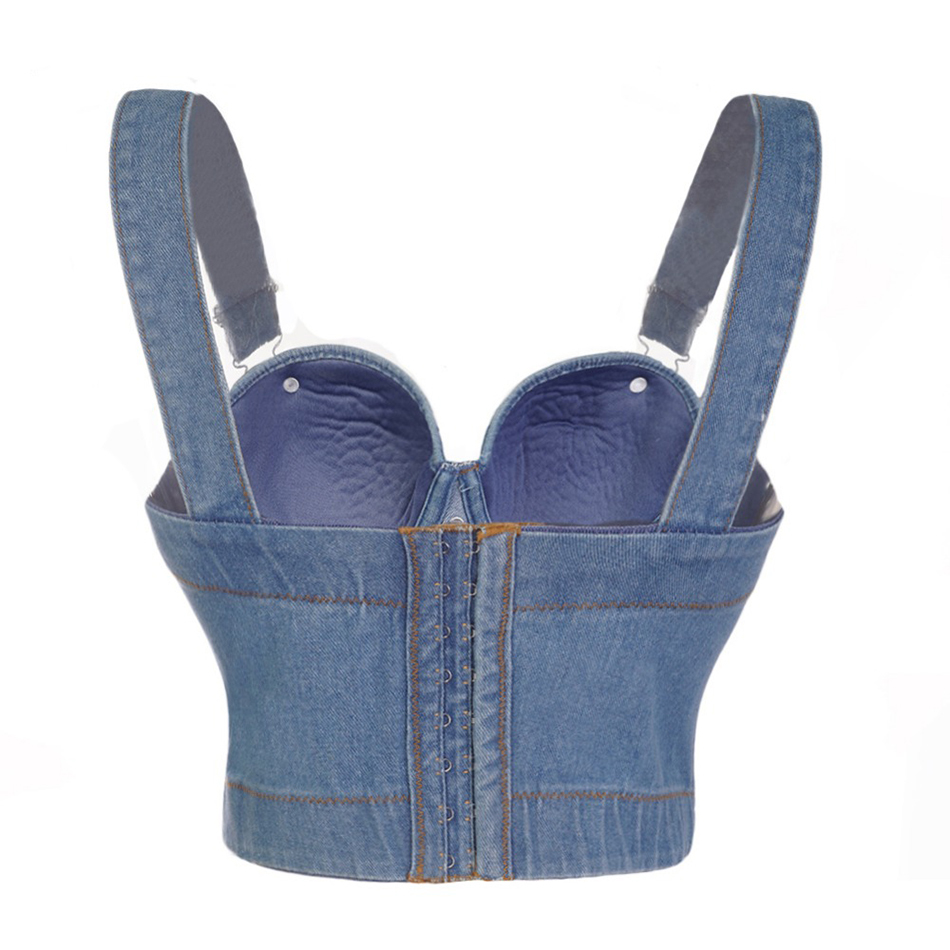Denim Scratched Women's Spaghetti Strap Button Diamonds Ripped Push Up Bustier Night Club Party Crop Top New Corset Camise 210308