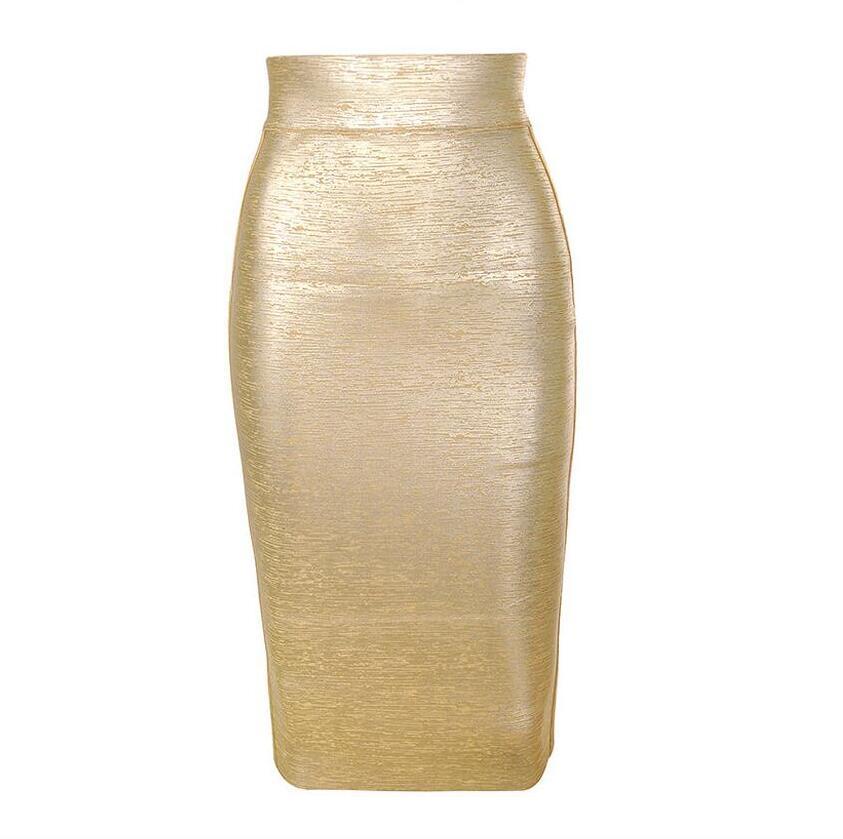 Wholesale Women Summer Fashion Sexy Gold Bronzing Bandage Skirt Night Club bodycon Pencil Skirt Faldas 46cm 210306