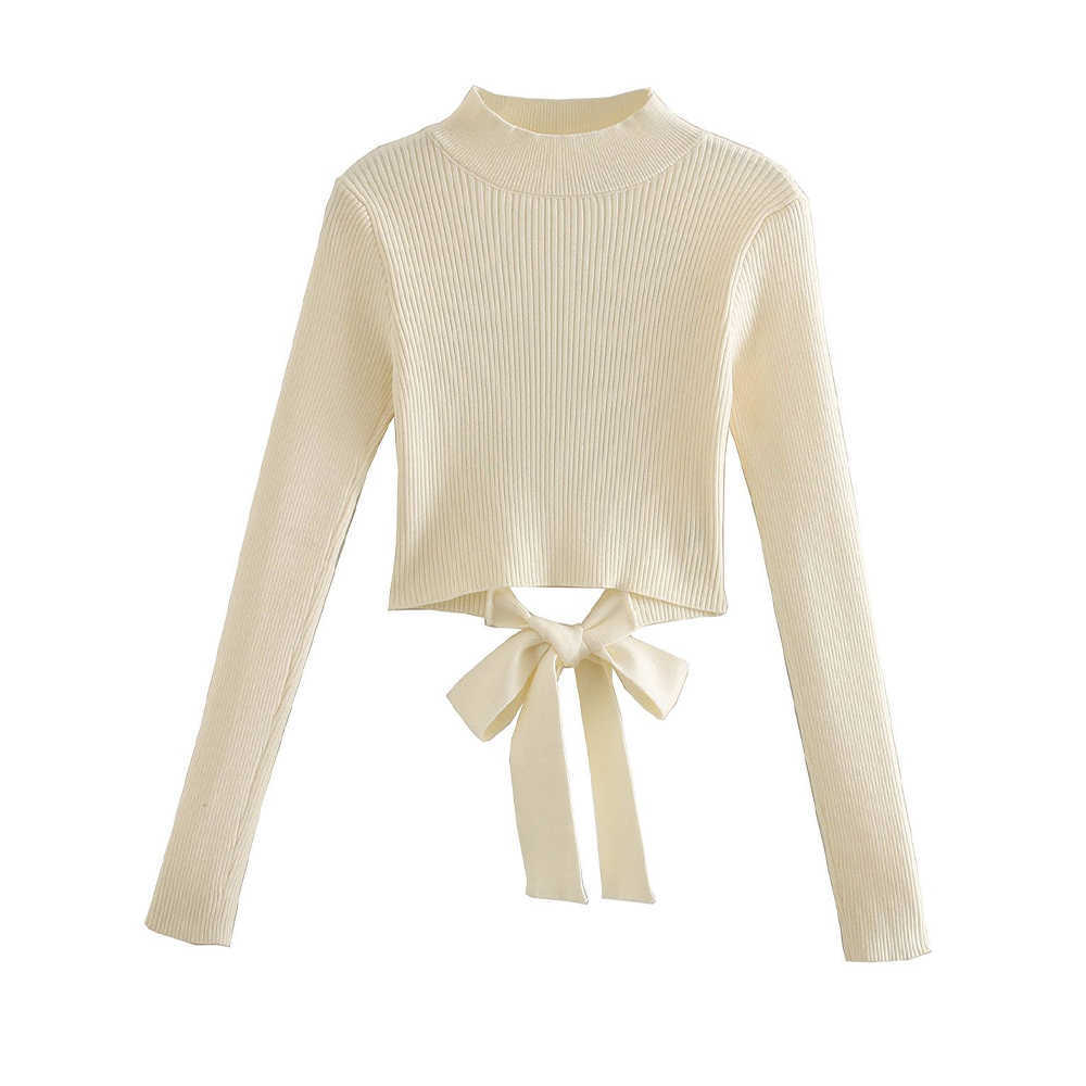 Women Backless Knit Sweater High Neck Long Sleeves Casual Fashion Chic Lady Woman Sweaters Pullovers Tops 210914