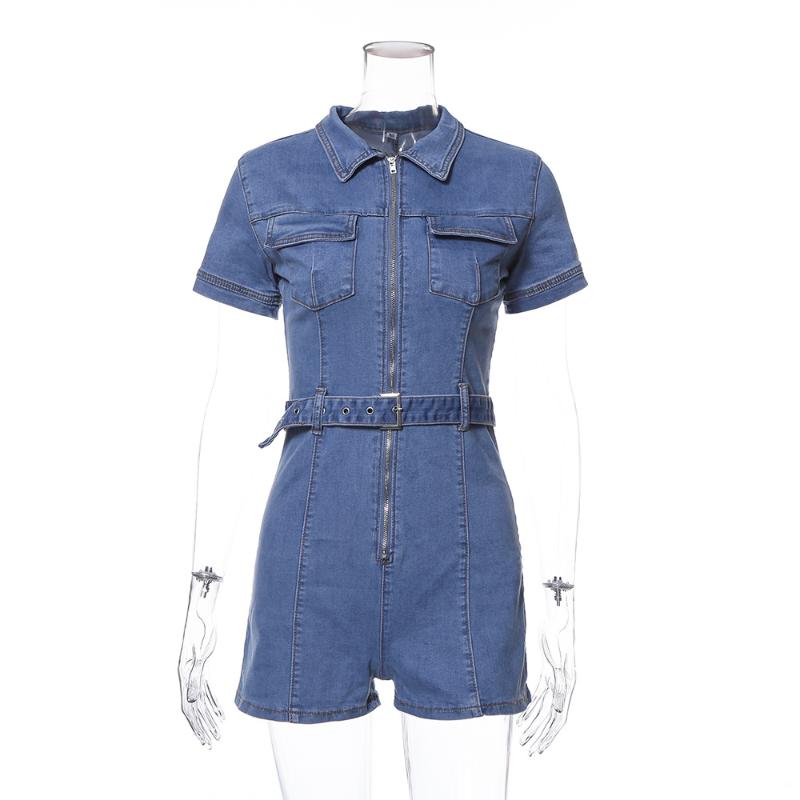 Women Zipper Denim Playsuits Jumpsuits Shorts Turn Down Collar Outfits Sashes Pocket Jeans Overalls Combishort Macacao Rompers
