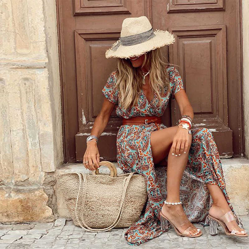 Summer Boho Long Dress Women Casual 7 Colors Printed V Neck Tunic Party Dresses Female Elegant High Slit Beach Robe Dress 210630