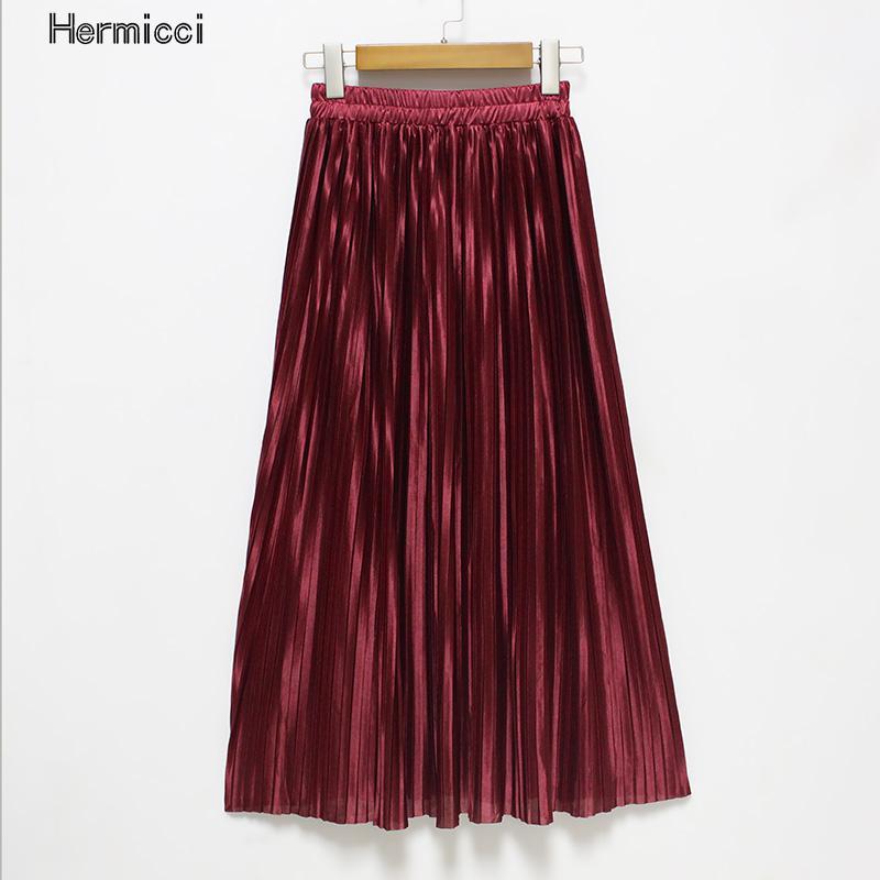 Hermicci Fashion Skirts Summer Pleated Long Skirts Women Metallic Midi Skirts Faldas Largas Mujer 210309