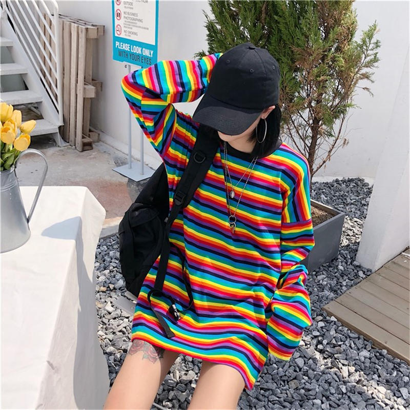 Neploe Rainbow Stripe T Shirt Autumn Harajuku Female Shirt Long Sleeve Plus Size Tshirts Woman Korean Tops Feminine 37059 210302