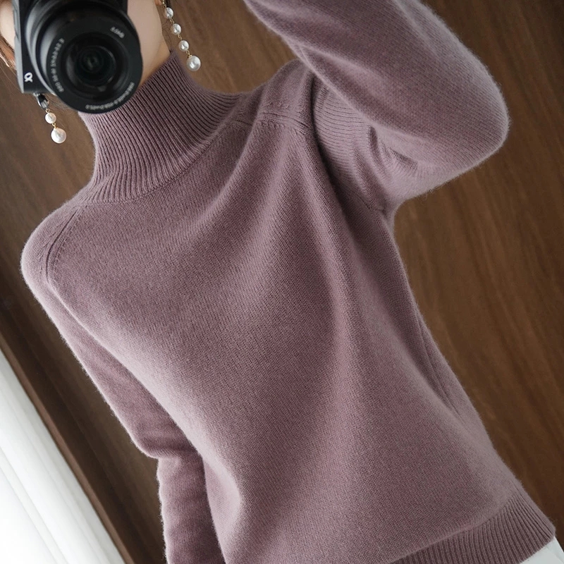 Women's Cashmere Turtleneck Sweater - Long Sleeve, Thick, Loose Fit, Pullover, Winter Jumper, Blue B4