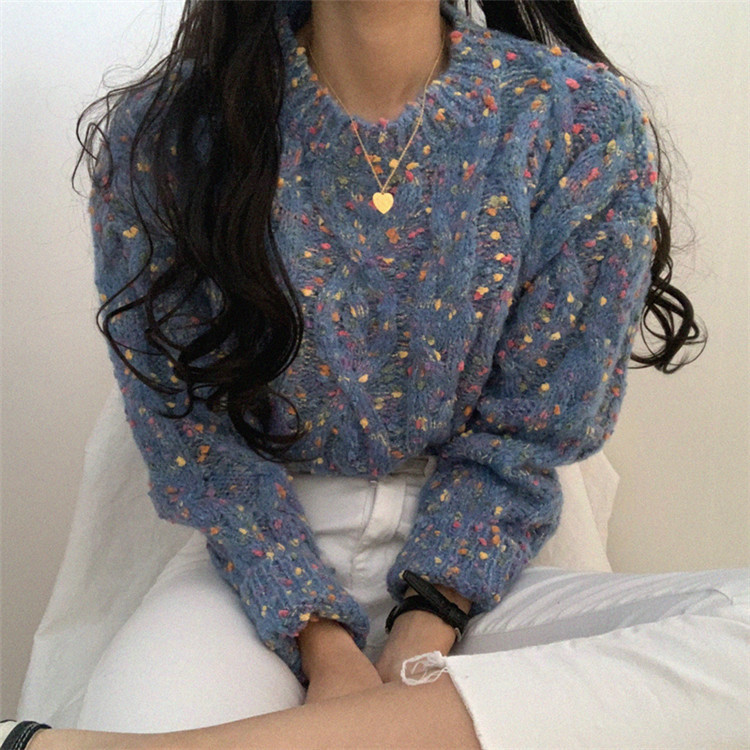 New Oversized Candy Contrast Color Dot Coarse Knitted Sweater Women Long Sleeves O Neck Pullovers Sweater Casual Knitted 71F 210218