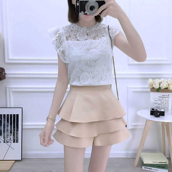 Women Korean Short Ruffled Elastic Waist A- Line Shorts Skirts Lady Solid Color Sexy Fashion S-2XL P347 210714