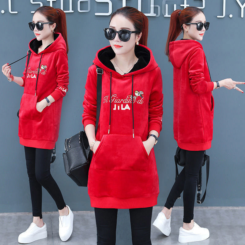 3XL plus size long sleeve velvet thicked long-lenght hoodie coat women sportwear autumn winter pullovers pocket weatshirt 201102