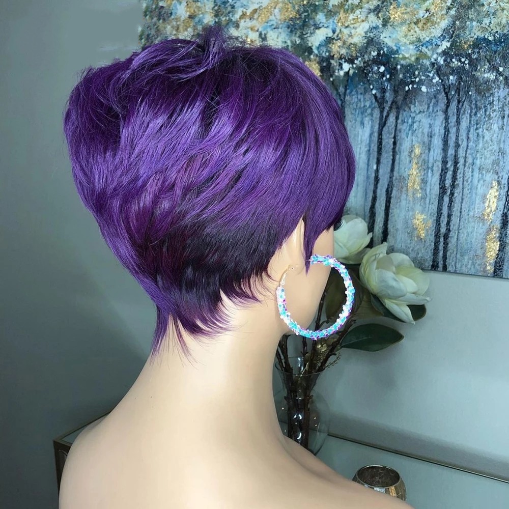 Short Bob Pixie Cut Human Hair Wig Full Machine Made Purple Color None Lace Front Wigs With Bangs For Women Cosplay Party