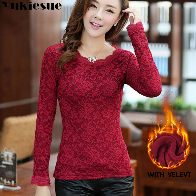 sexy white lace blouse shirt Women tops elegant winter warm fleece blouse Summer tops female blouse long sleeve blusas Plus size 210225