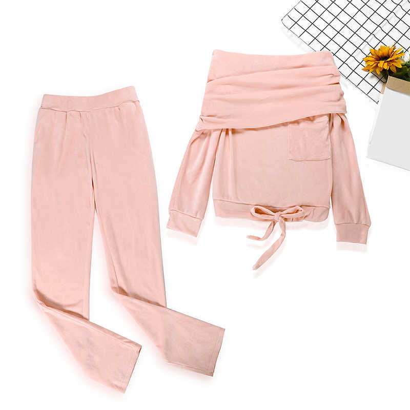Sweatshirt Women 2 pieces Set Tracksuit Autumn One shoulder Sweatshirt Pants Sets Sport Wear Tracksuit Velvet Lounge Suit 210709