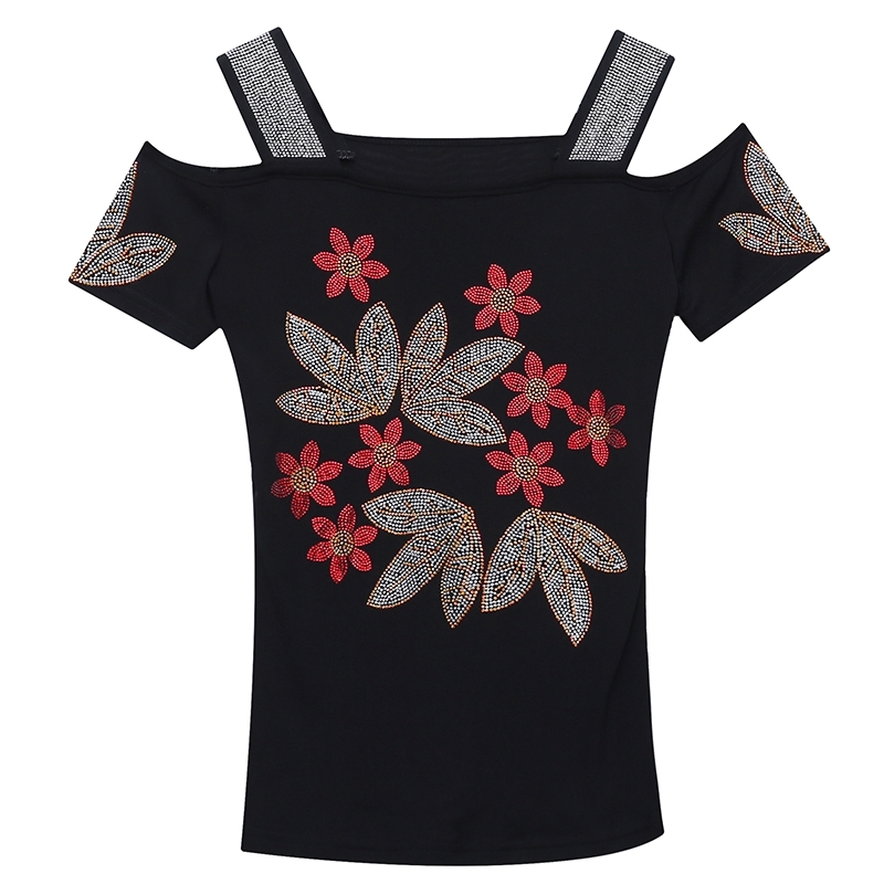 Summer Fashion European Clothes T-shirt Sexy Off Shoulder Diamonds Mesh Women Tops Ropa Mujer All Match Tees New T06625 210306
