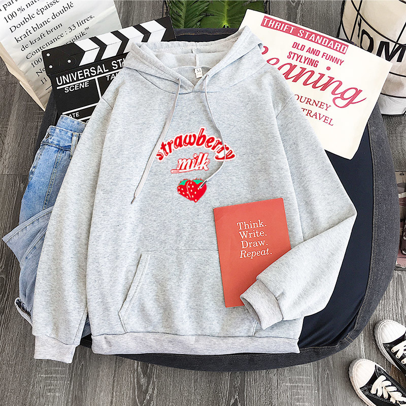 Merry Pretty Pink Cute Strawberry Hoodie Sweatshirt Harajuku Milk Graphic Hooded Pullovers School Girls Tracksuit 2XL 201216