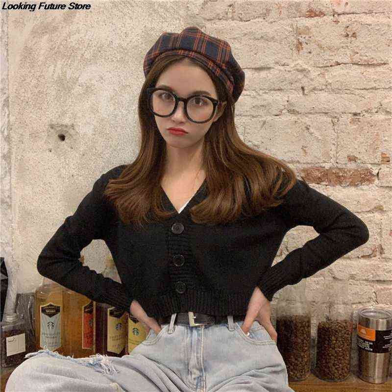Knitted Crop Cardigan Women Korean Short Sweater Long sleeve V neck Cardigan Green Blueexpose Waist Women Clothing 211109