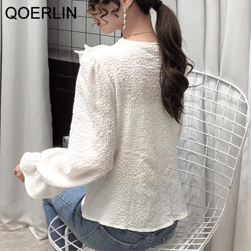 XL Embroidered Lace Blouse Ruffle Flared Sleeve Shirt Female Spring Elegant Loose Casual V Neck Plus Size 210601