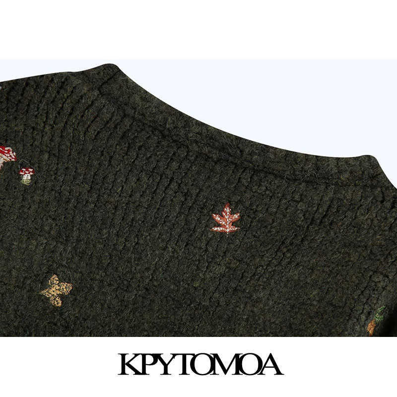 KPYTOMOA Women Fashion Floral Embroidery Knitted Cardigan Sweater Vintage Long Sleeve Button-up Female Outerwear Chic Tops 210918