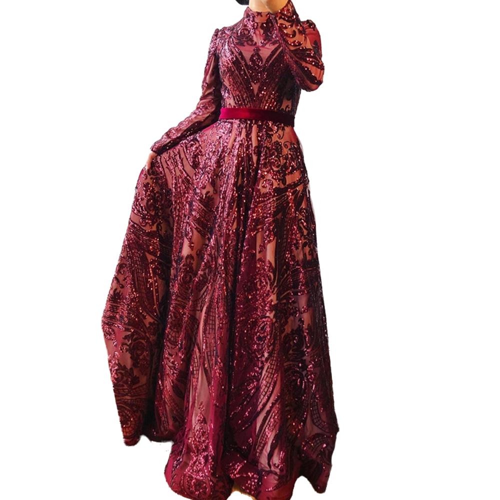 Dubai Luxury Long Sleeves Evening Dresses 2022 Moroccan Kaftan Burgundy High Collar Muslim Women Formal Party Wear Royal Blue Prom Dress Islamic Occas