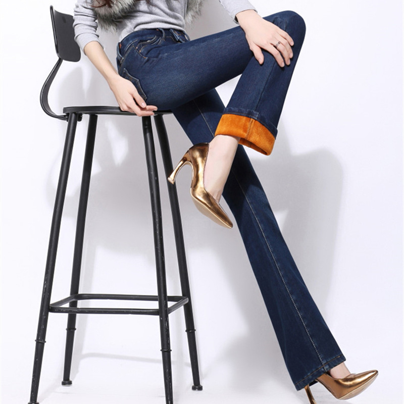 YUEY New XS to 5XL Women Thicken Winter Warm Jeans High Waist Plus Size Stretchy Washed Blue Skinny Flared Jeans With Hot Lining 210222
