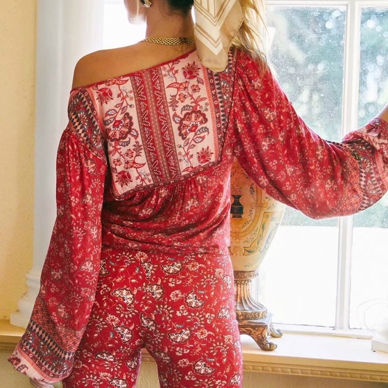 Vintage chic women bohemian floral printed V-neck lace-up blouse shirts long sleeve tassel Boho shirts rayon blusas T200321