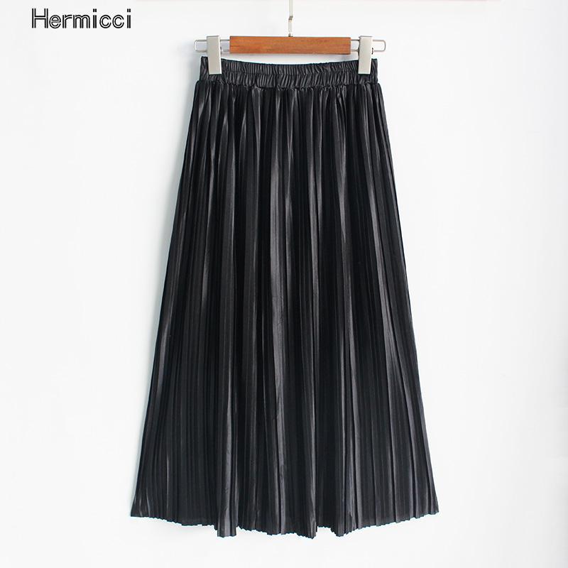 Hermicci Fashion Skirts Summer Pleated Long Skirts Women Metallic Midi Skirts Faldas Largas Mujer 210309