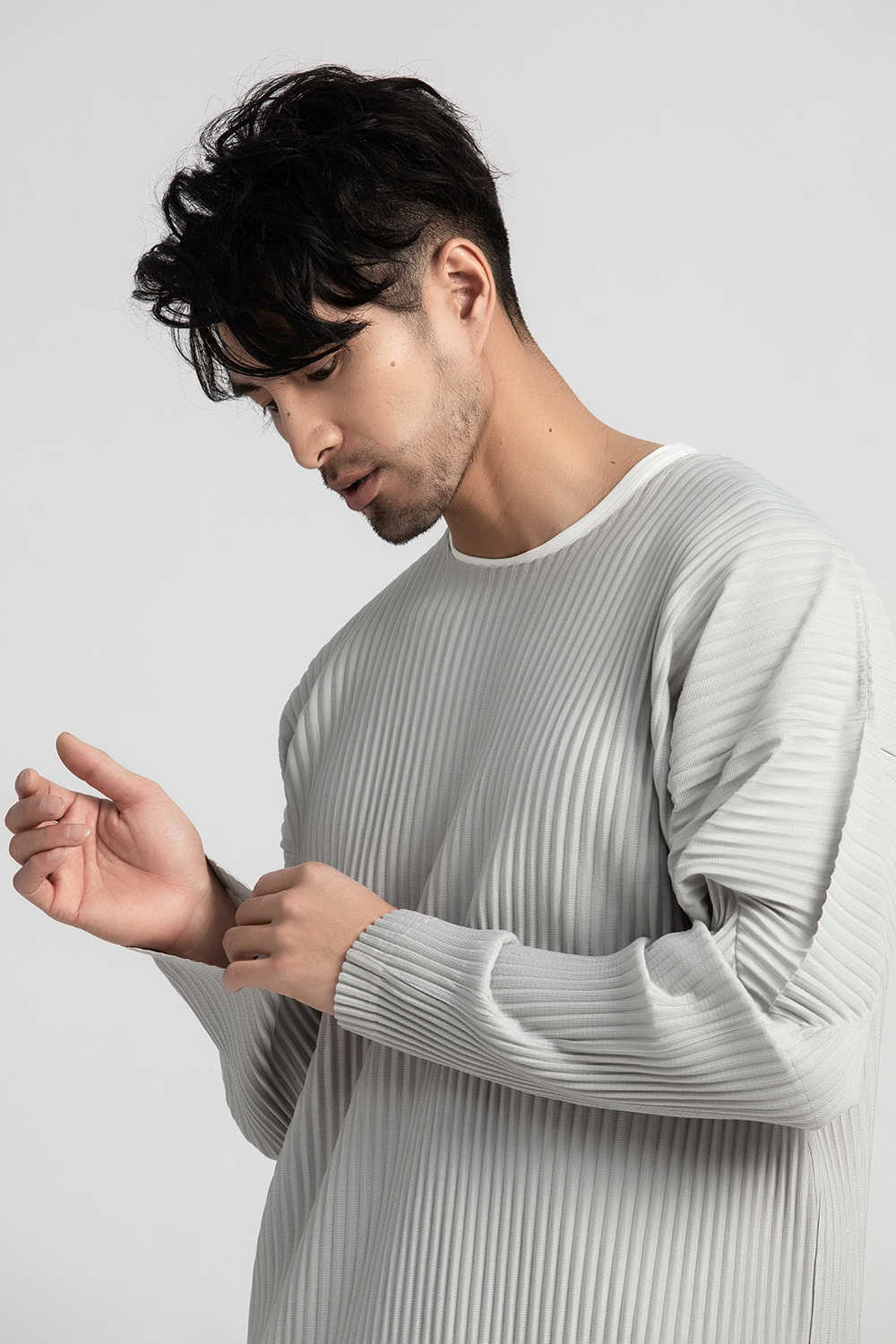 IEFB Men's Wear Japanese Stretch Fabric Pleated Loose Tops Round Collar Loose Long Sleeve T-shirt Male 9Y3057 210623