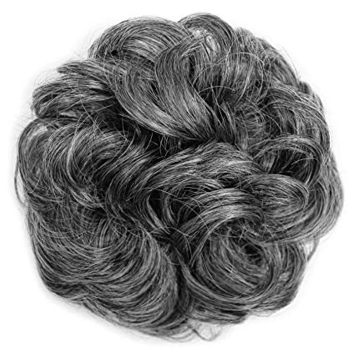 Real hair Salt and pepper grey hairpiece ponytail for women short pixie hairstyle Hair piece Scrunchy Updo Bridal Voluminous Wavy Messy Bun 120g