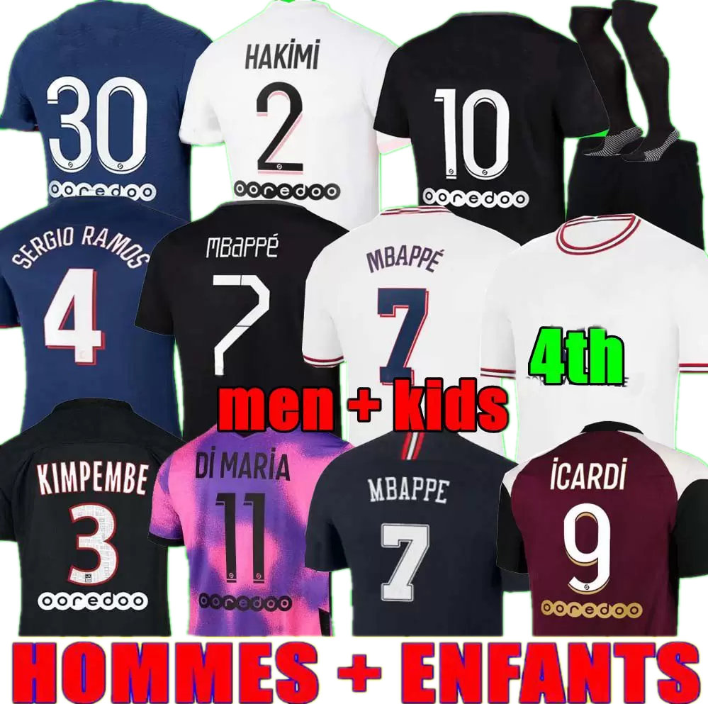 HAKIMI RAMOS maillot de foot 18 19 20 21 22 soccer jersey 2021 MBAPPE shirt men kids hommes enfants black VERRATTI MARQUINHOS KIMPEMBE fourth Icardi di Maria PsGs, 21 22 away