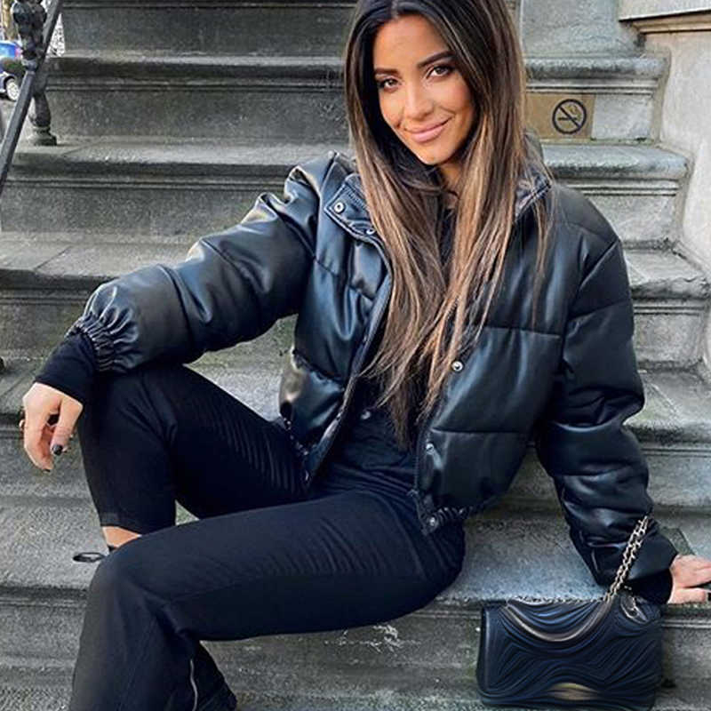 Ailegogo Winter Thick Warm Short Parka Fashion Black PU Leather Coats Ladies Elegant Zipper Cotton Jackets Female Ouwear 211013