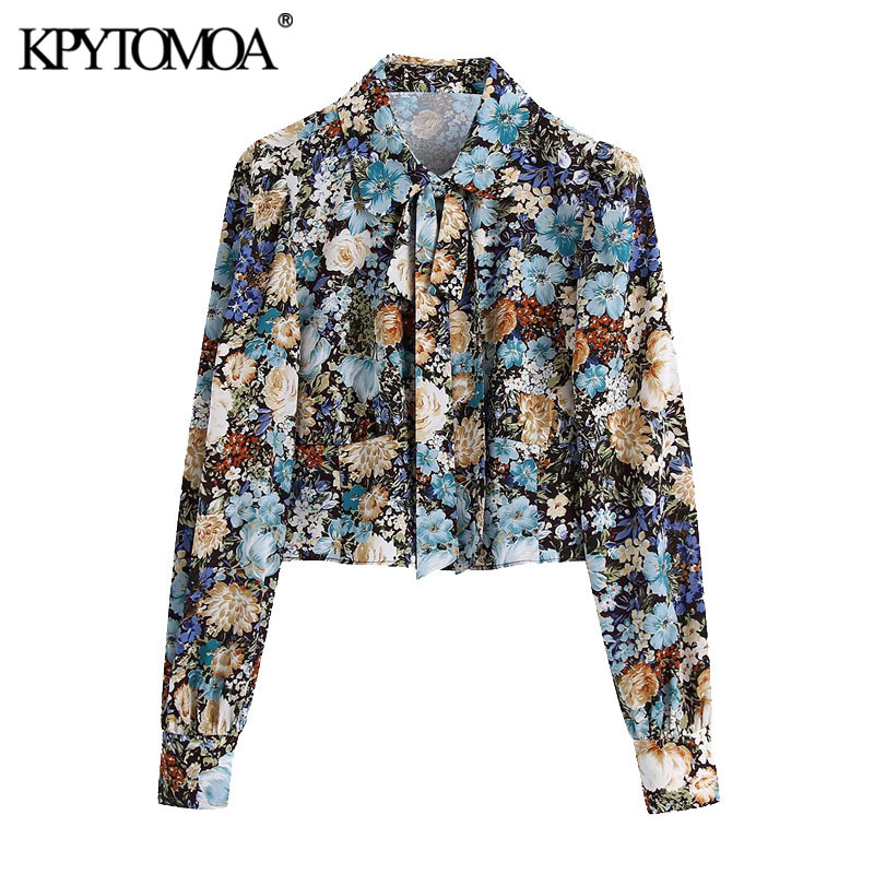 KPYTOMOA Women Fashion With Bow Tie Floral Print Cropped Blouses Vintage Long Sleeve Button-up Female Shirts Chic Tops 210225