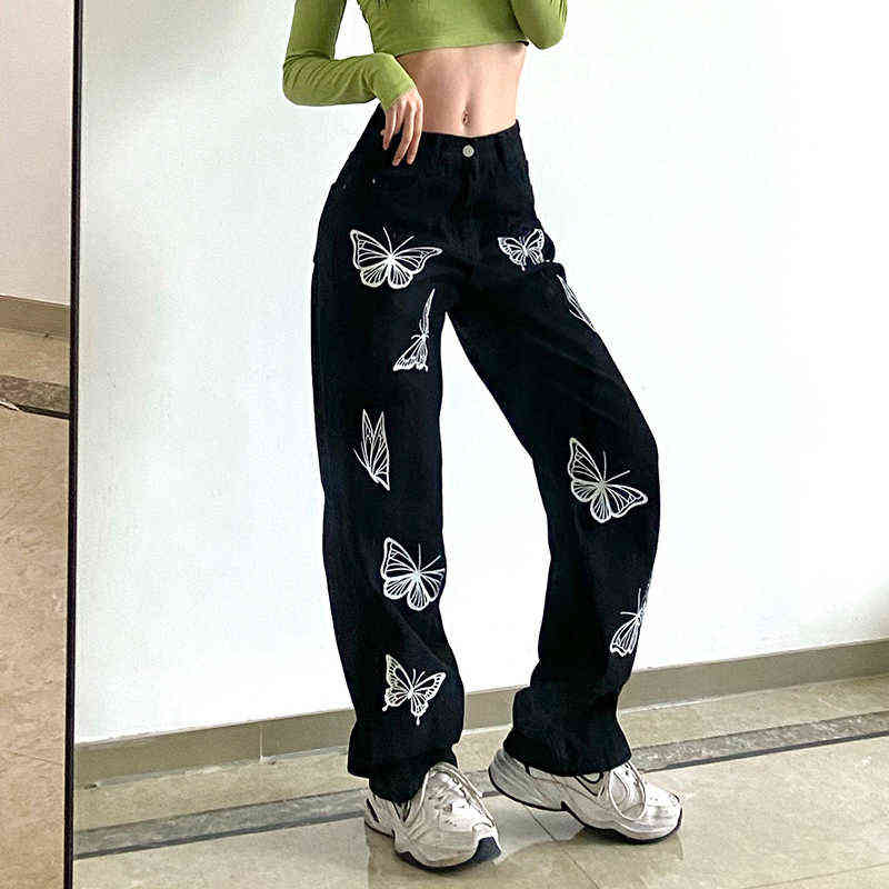 Women's Jeans Black Streetwear Butterfly Printing High Waist Wide Leg Trousers Leisure Baggy Vintage Mom Straight Denim Pants 211111