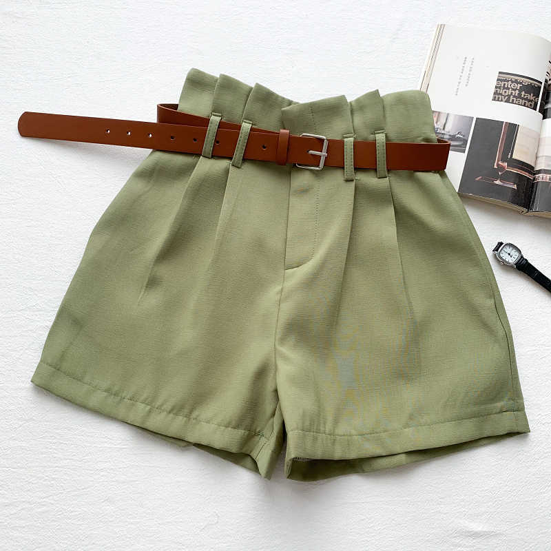 Summer Elegant Shorts Women Korean Belt High Waist Short Fashion Solid Wide Leg Bottoms Mujer 6G187 210603