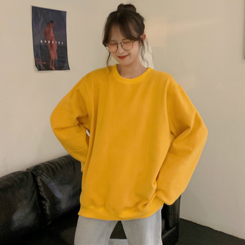 Hoodies Women Plus Velvet Warm All-match Solid Oversize Ulzzang Korean Style Womens O-Neck Students Harajuku Hoodie Streetwear T200730