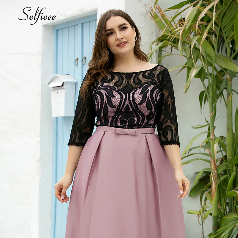 Elegant Dresses A-Line O-Neck Empire Bow Lace Contrast Color Sexy Woman's Dresses Evening Formal Party Gowns Plus Size Robe 210309