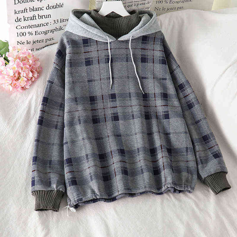 Women Fleece Hoodies Sweatshirt Winter Plaid Pirnted Cotton Hooded Sweatshirt Casual Loose Hooded Pullover Oversize Jacket 211109