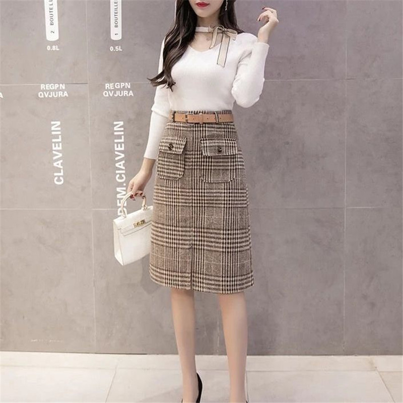 Women with belt sashes retro classic Tweed Plaid Skirt ladies sidesplit Hipswrapped Wool skirt Bodycon slim work office Skirt 210306