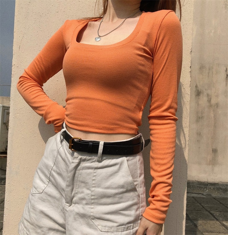 Women Scoop Neck Ribbed Crop T-shirt With Long Sleeve Cropped Top 210302