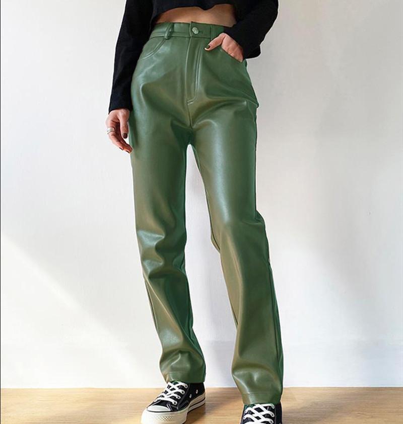 Women's Pants & Capris Straight Leg Casual Leather With Pockets Fashion Solid Color PU High Waist Trousers Button Access Control